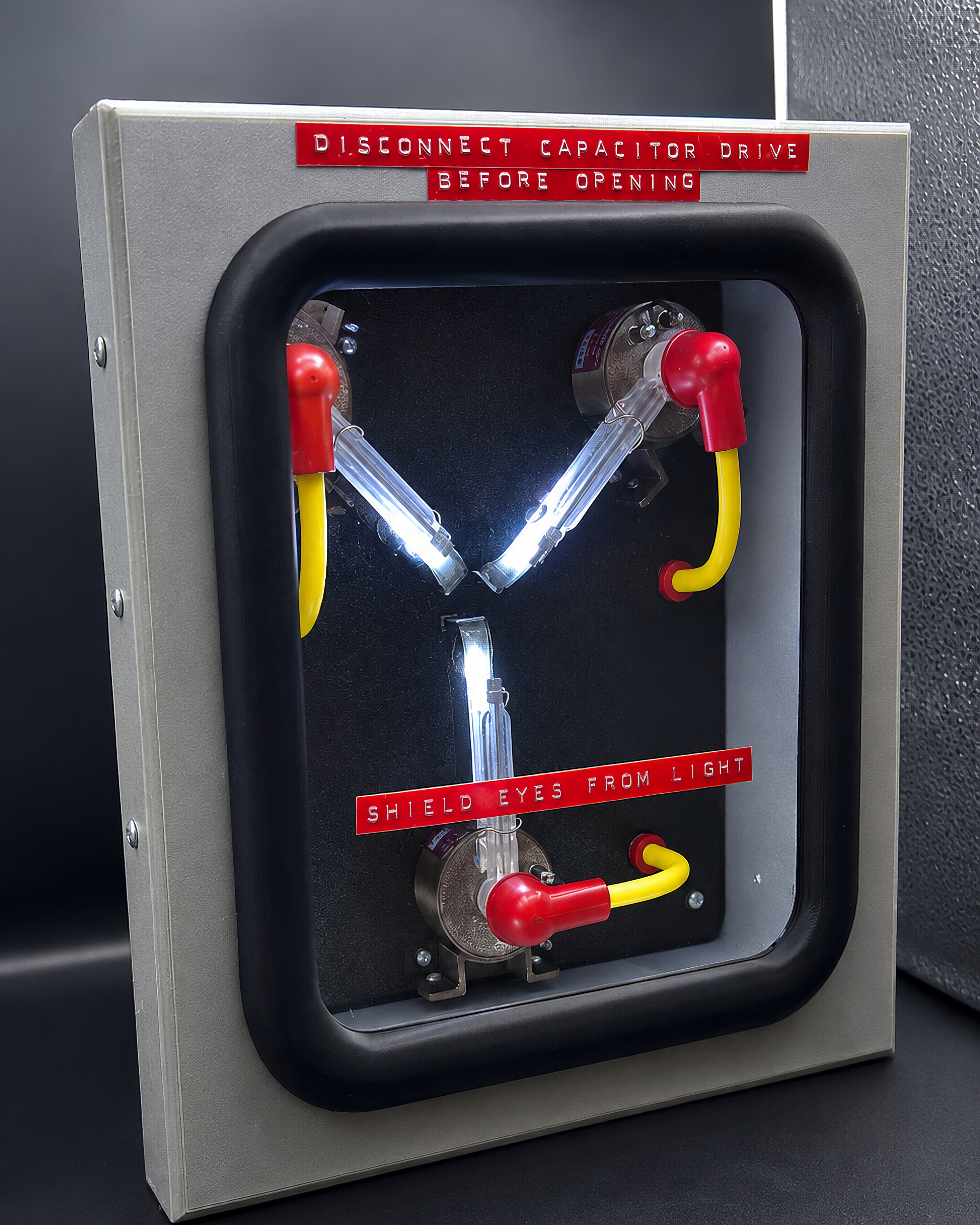 Flux Capacitor replica, lit, front view