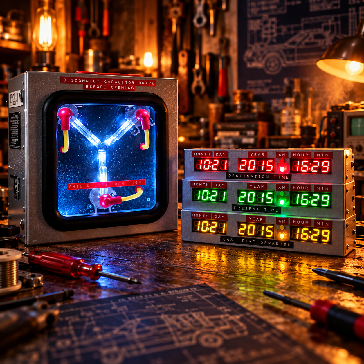 The Flux Capacitor and Time Circuits lit on the blueprint workbench