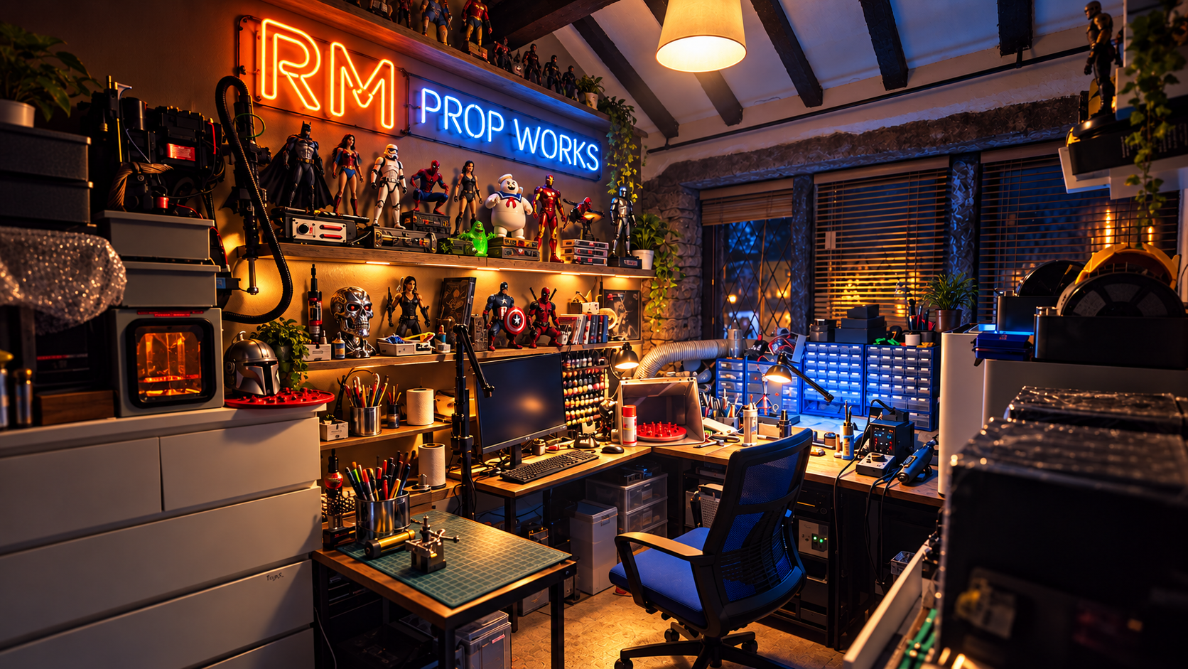 The neon RM PROP WORKS sign glowing in the workshop
