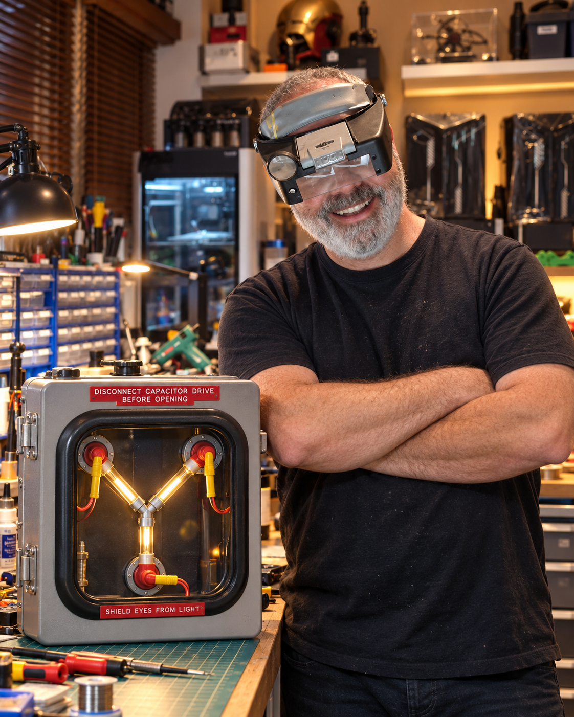 Rob in the workshop doorway, arms crossed, props behind him