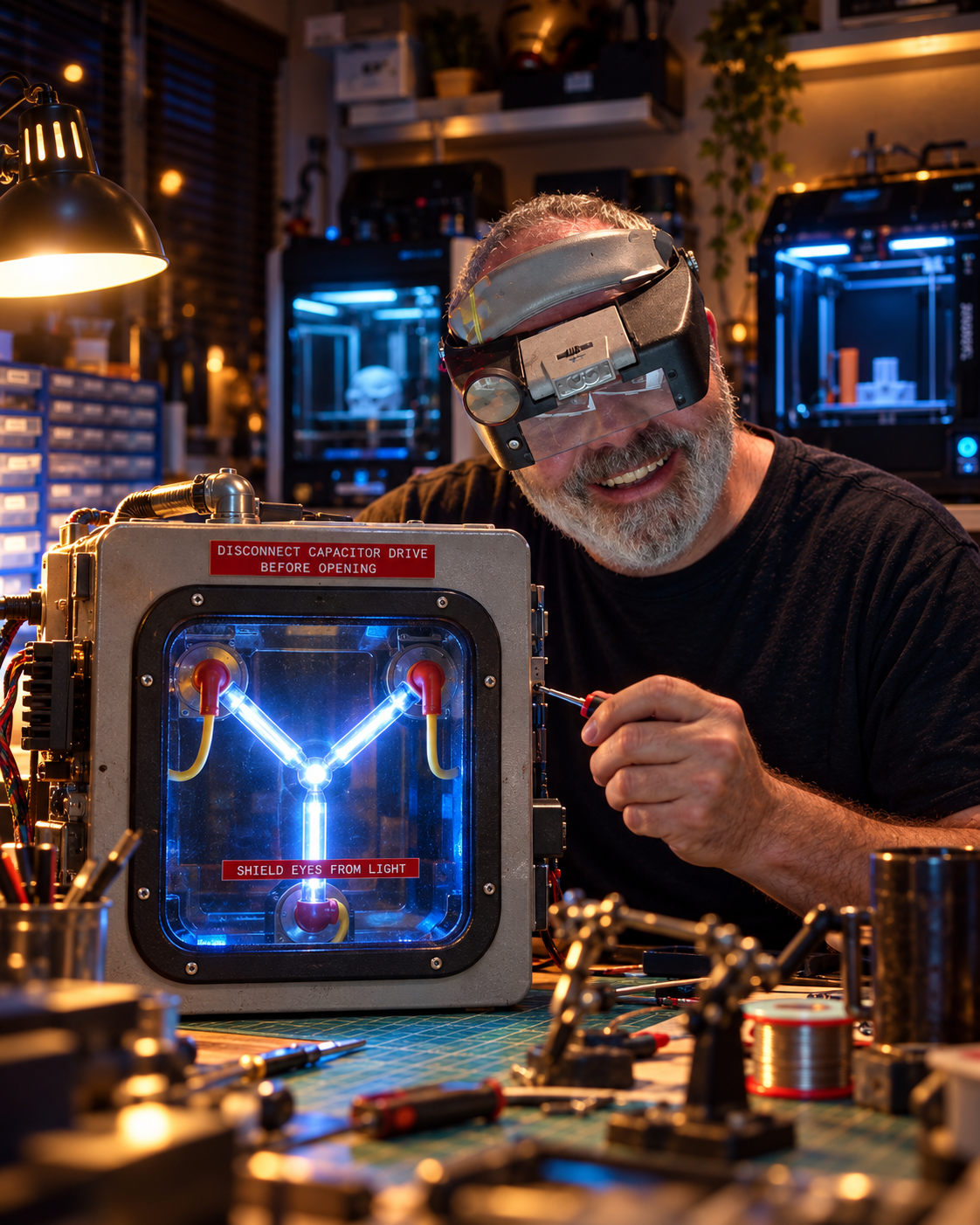 Rob grinning in his visor, leaning on the Flux Capacitor
